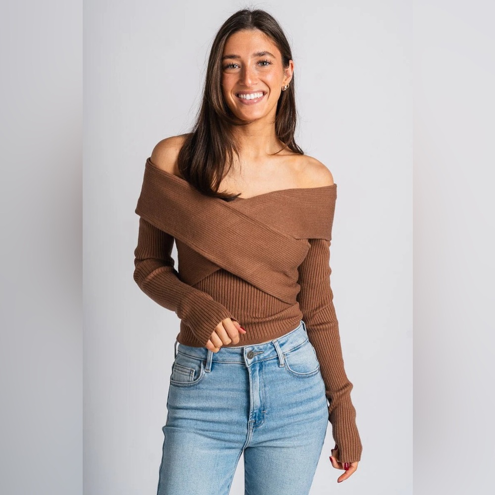 By Together NWT Tan Brown Ribbed Knit Off-Shoulder Crossover Sweater